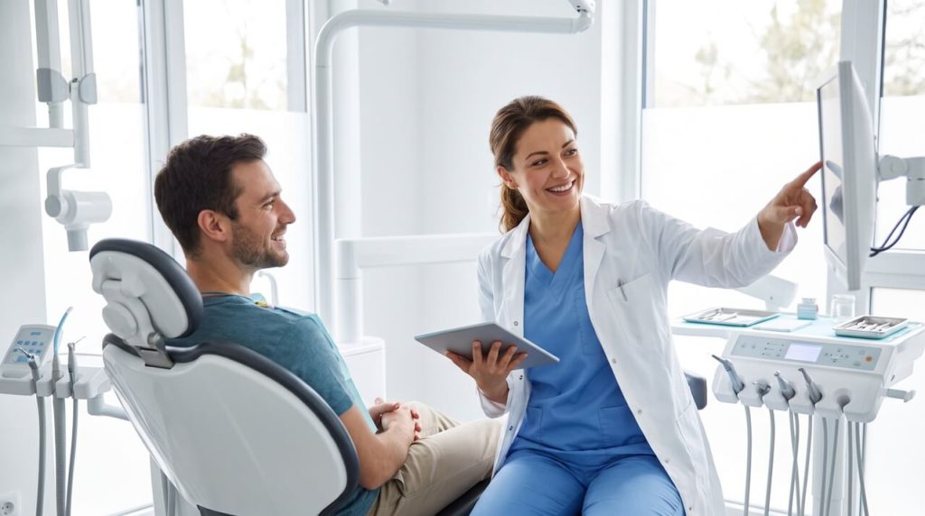 Endodontist explaining root canal treatment and anesthesia to a patient